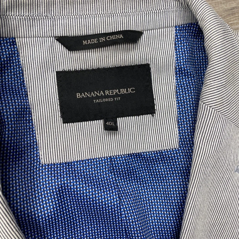 Banana Republic Blazer Mens 40L Blue Seersucker Elbow Patch Tailored Sport Coat